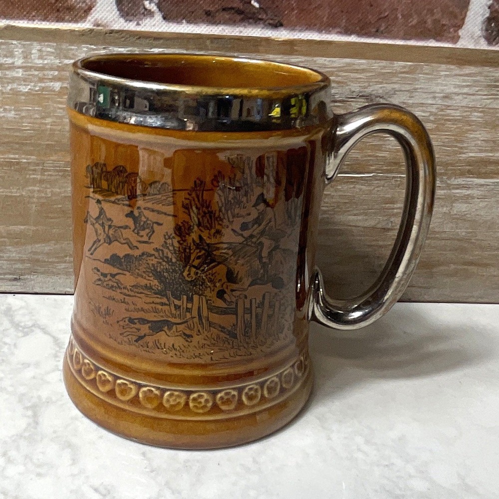 Royal Doulton Brown Stoneware Beer Mug Silver Rim Hunting Decorated 5 in